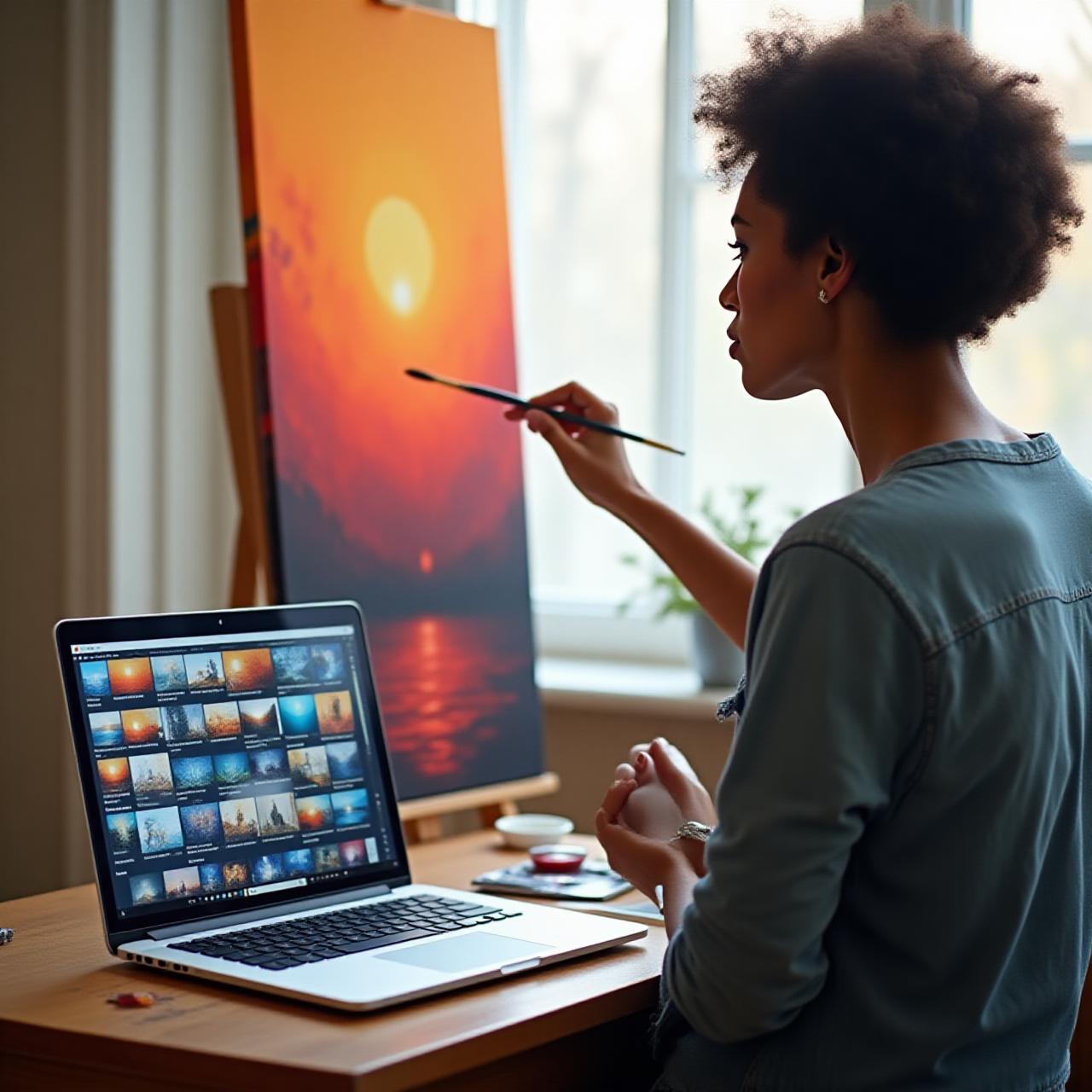 Woman painting acrylics with a laptop nearby