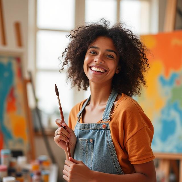 Art student happily painting in a sunlit studio