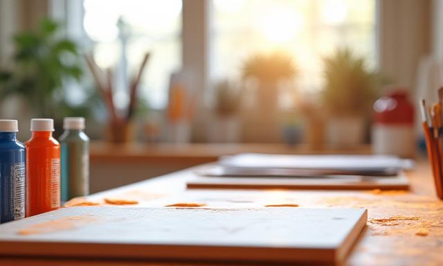 Creative acrylic painting supplies on a clean wooden table