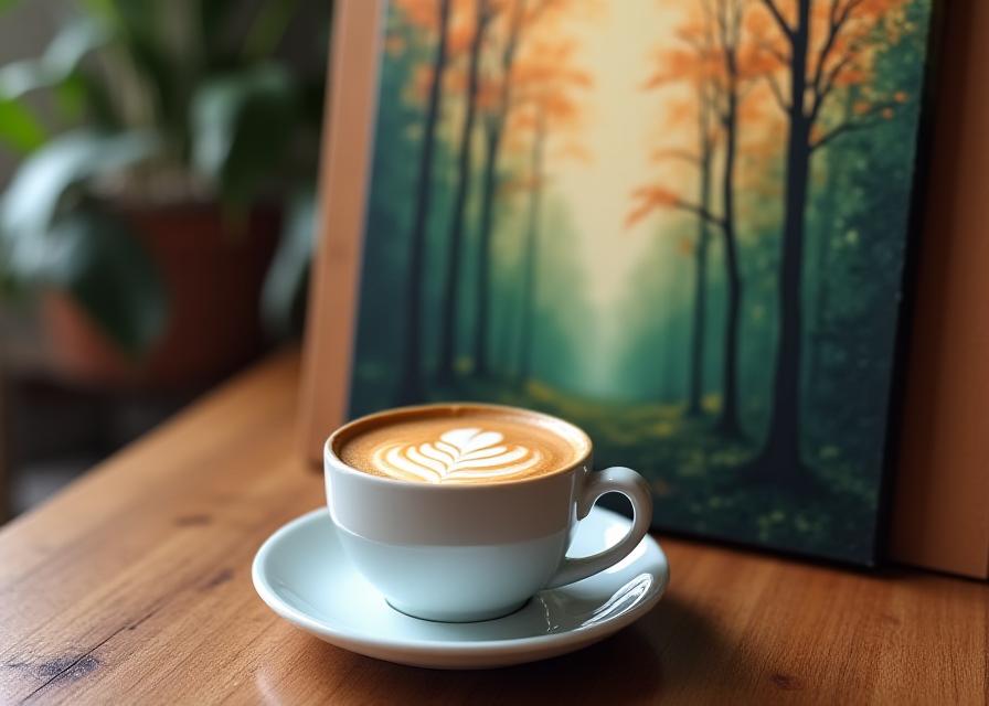 Coffee cup next to a landscape painting in progress