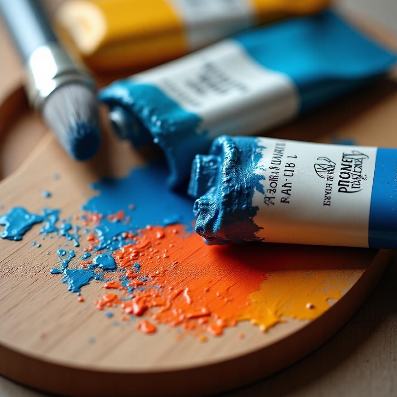 Artistic arrangement of high-quality acrylic paint tubes and professional brushes