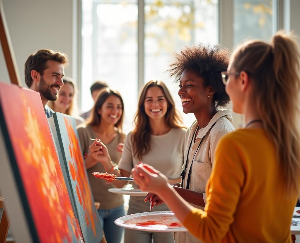 Students laughing and painting with vibrant acrylics in a bright Brooklyn studio
