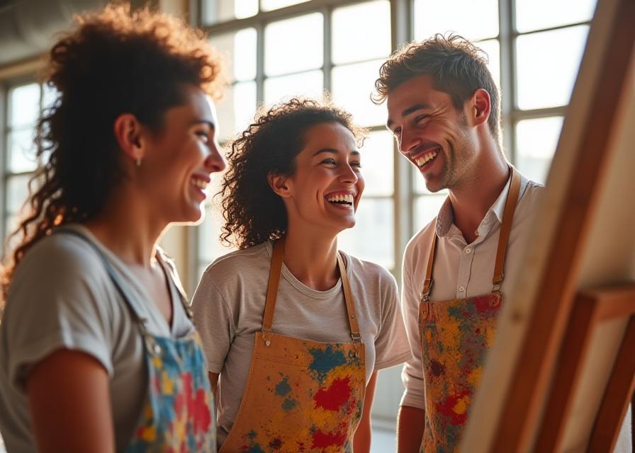 Students laughing during a painting class